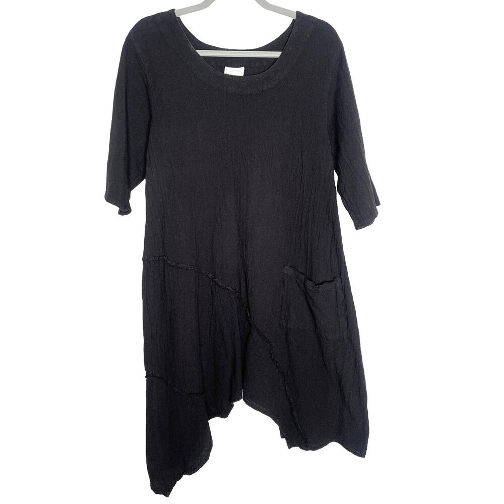 Drawstrings of Malibu XS Lagenlook Tunic Travel Dress 100% Cotton Flowy Black